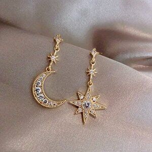 Gold Moon Star Mismatched Drop Earrings Crystal Pave Celestial Boho Asymmetric